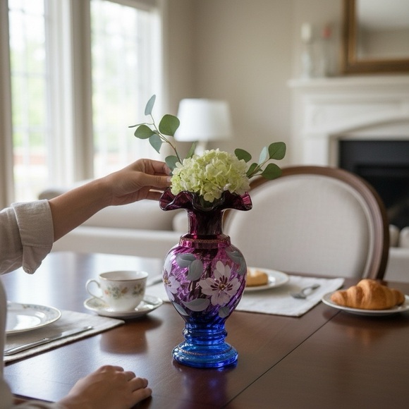 Fenton Hand Painted Art Glass Vase-Cranberry and Cobalt Ruffled 8”-Signed - Picture 6 of 10